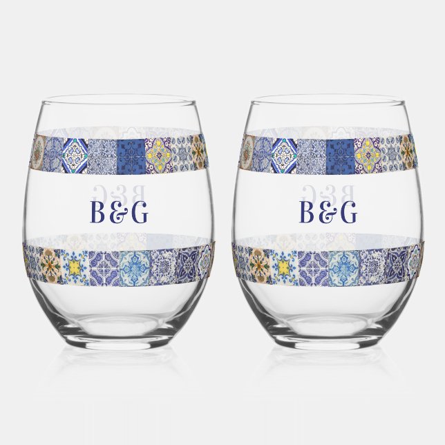 Mediterranean Portuguese Tiles Pattern Wedding Stemless Wine Glass (Front)