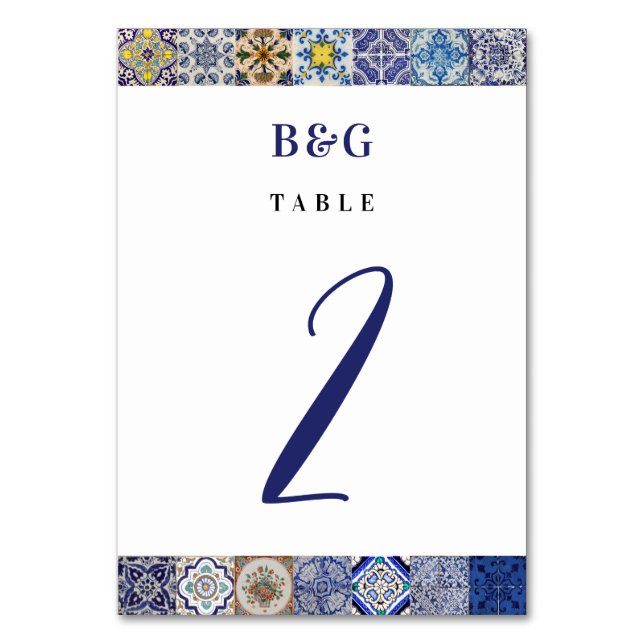 Mediterranean Portuguese Tiles Pattern Wedding Table Number (Front)