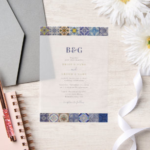 Mediterranean Portuguese Tiles Pattern Wedding Vellum Invitations