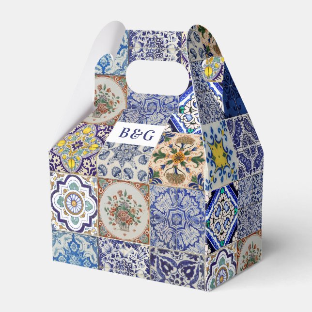 Mediterranean Portuguese Tiles Wedding Favor Boxes (Front Side)