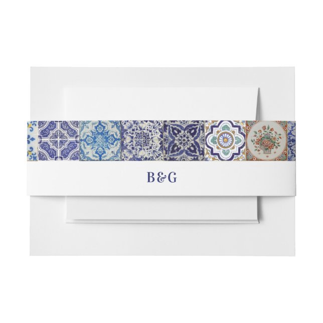 Mediterranean Portuguese Tiles Wedding Favor Invitation Belly Band (Front Example)