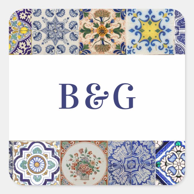 Mediterranean Portuguese Tiles Wedding Favor Square Sticker (Front)
