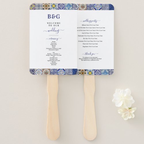 Mediterranean Portuguese Tiles Wedding Program Hand Fan