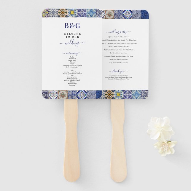 Mediterranean Portuguese Tiles Wedding Program Hand Fan (Front and Back)