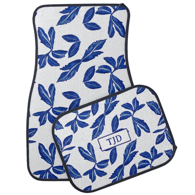 Mediterranean Pottery Blue Leaf add your Initials Car Floor Mat (Set)
