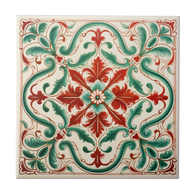 Mediterranean Red Blossom Ceramic Tile (Front)