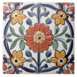 Mediterranean Red Yellow & Navy Blue Flower Floral Ceramic Tile<br><div class="desc">summery sicilian ceramic tile, italian hand painted pattern, mediterranean majolica portuguese design, dark blue and white, summer gerbera flowers floral, bold vibrant poppy portugal, authentic classic traditional painting, vintage retro antique rustic, folk art spanish mexican talavera, navy red green yellow flower</div>