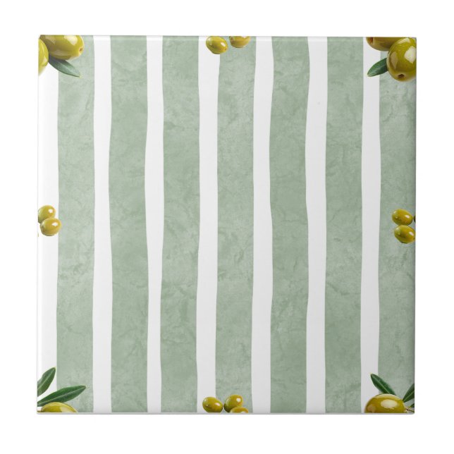 Mediterranean Sage Green Stripe Pattern Olive Ceramic Tile (Front)