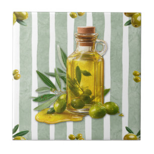 Mediterranean Sage Green Stripe Pattern Olive Oil Ceramic Tile