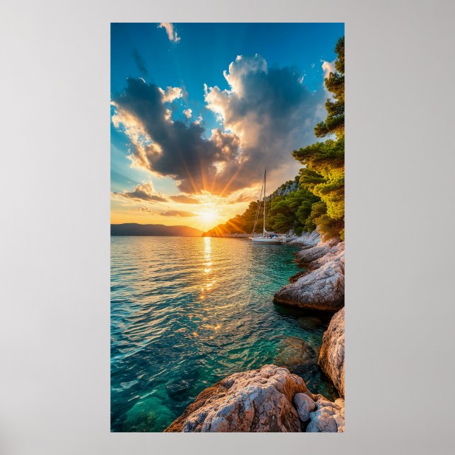 ⛵ Mediterranean Sailboat Sunset Glow 🌅🌊✨ Poster (Front)