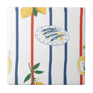 Mediterranean Sardines and Lemons Pattern Ceramic Tile