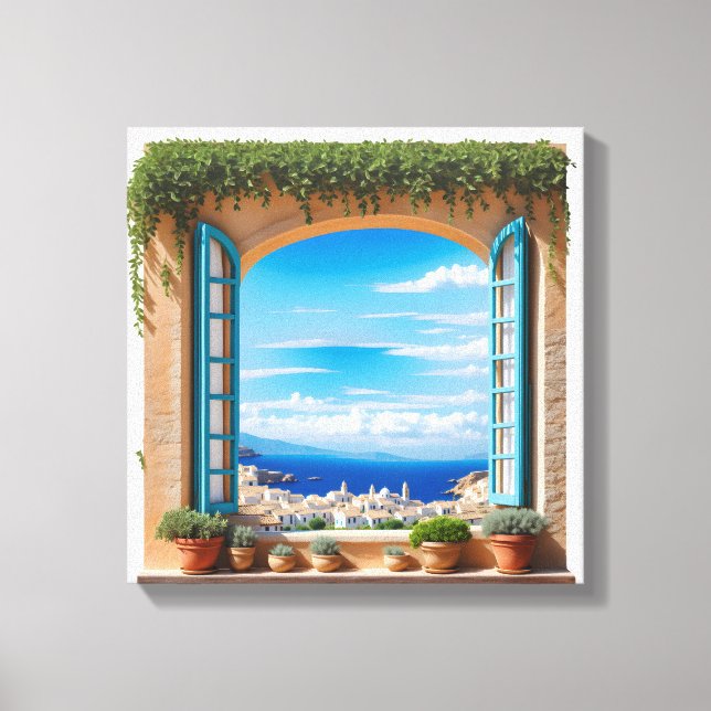 Mediterranean Sea View Window | Aegean Island Town Canvas Print (Front)