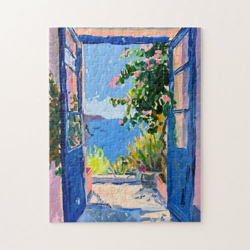 Mediterranean Sea View With Bougainvillea Jigsaw Puzzle