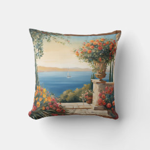 Mediterranean Sea View With Flowers Throw Pillow