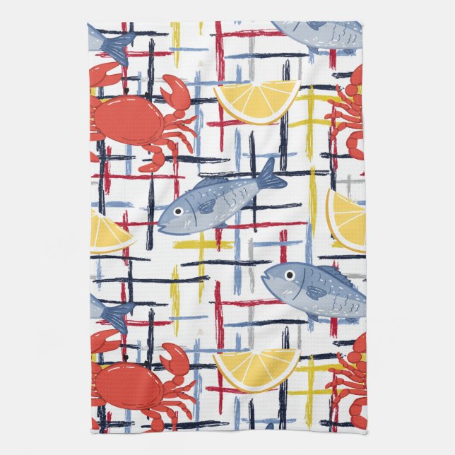 Mediterranean Seafood Market Pattern (1) Kitchen Towel (Vertical)