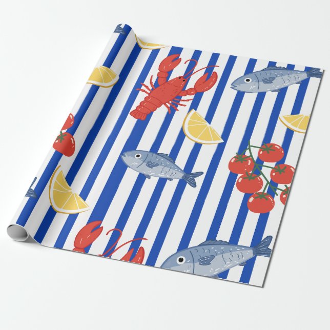 Mediterranean Seafood Market Pattern (2) Wrapping Paper (Unrolled)