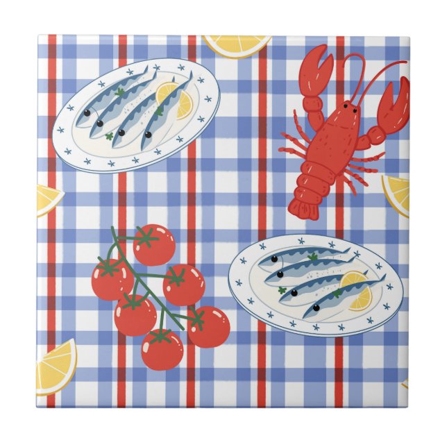 Mediterranean Seafood Market Pattern (4) Ceramic Tile (Front)