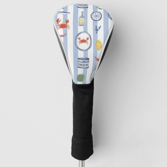 Mediterranean Seafood Sardine Blue Stripe Pattern Golf Head Cover (Front)