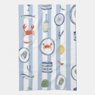 Mediterranean Seafood Sardine Blue Stripe Pattern Kitchen Towel