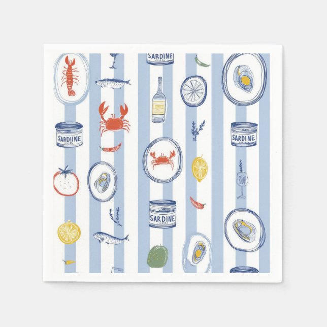 Mediterranean Seafood Sardine Blue Stripe Pattern Napkins (Front)