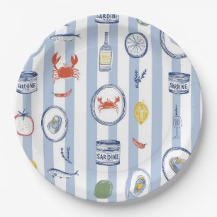 Mediterranean Seafood Sardine Blue Stripe Pattern Paper Plates