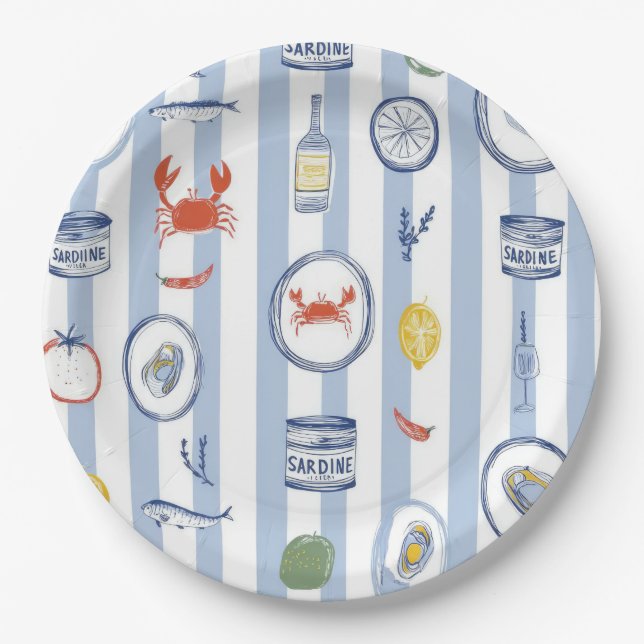 Mediterranean Seafood Sardine Blue Stripe Pattern Paper Plates (Front)