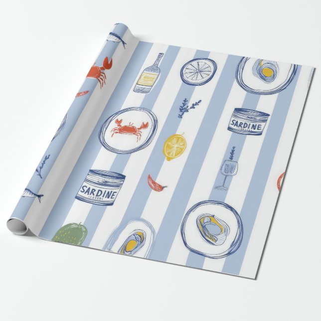 Mediterranean Seafood Sardine Blue Stripe Pattern Wrapping Paper (Unrolled)