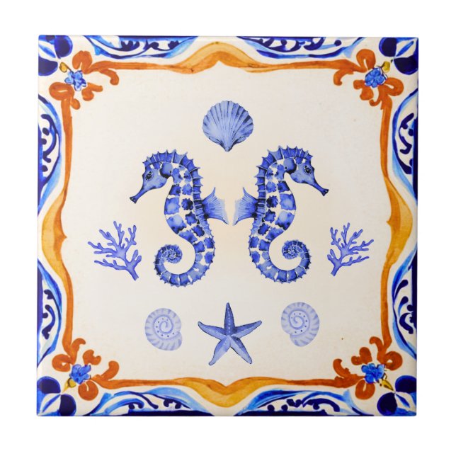 Mediterranean Seahorses Ceramic Tile (Front)