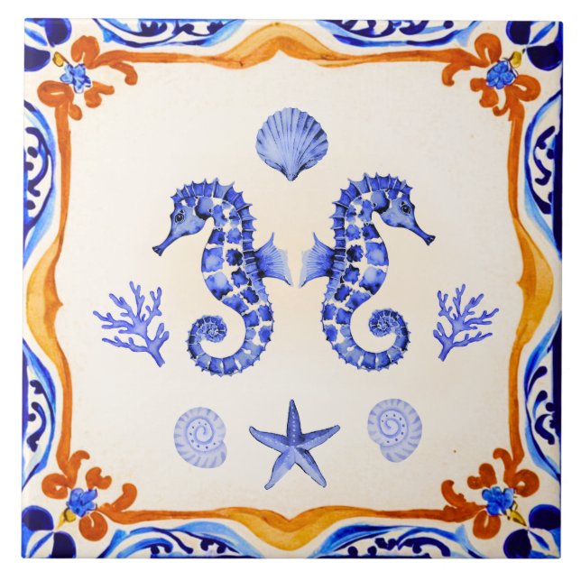 Mediterranean Seahorses Ceramic Tile (Front)