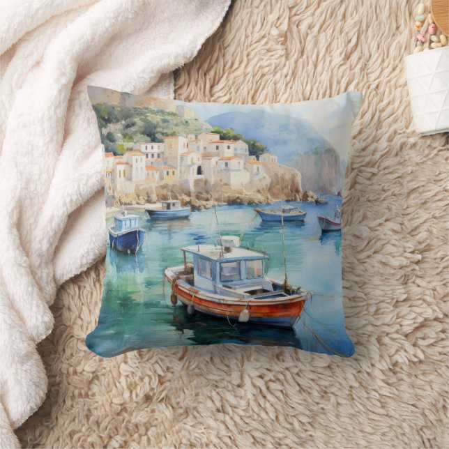 Mediterranean Seascapes Oil Paint Design Throw Pillow (Blanket)
