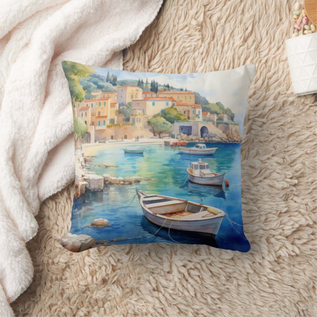 Mediterranean Seascapes Oil Paint Design Throw Pillow (Blanket)
