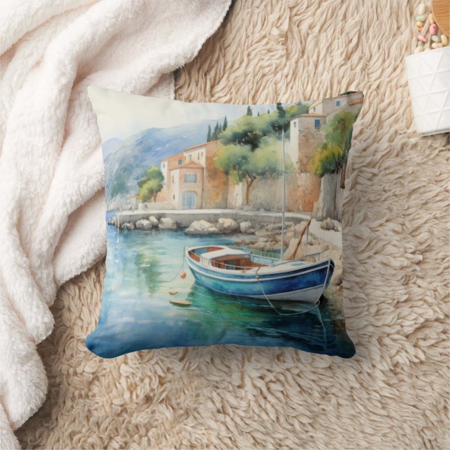 Mediterranean Seascapes Oil Paint Design Throw Pillow (Blanket)