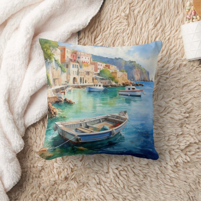 Mediterranean Seascapes Oil Paint Design Throw Pillow (Blanket)
