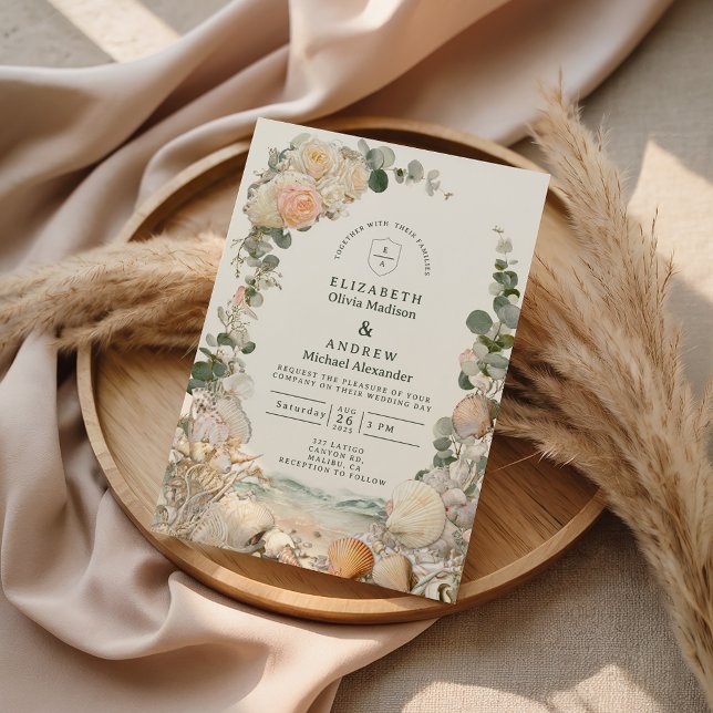 Mediterranean Seashell Botanical Wedding Invitation (Creator Uploaded)