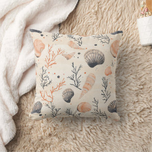 Mediterranean Seashell Starfish Coral Sand Throw Pillow