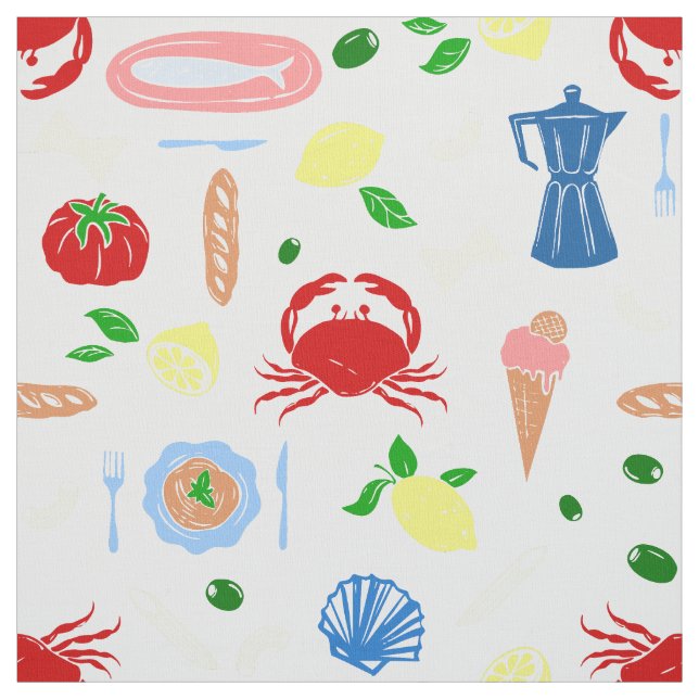 mediterranean seaside picnic seafood crab fabric (Swatch)