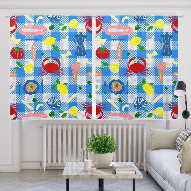 mediterranean seaside picnic seafood crab gingham blackout curtains (Living Room)