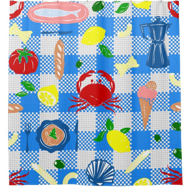 mediterranean seaside picnic seafood crab gingham shower curtain (Front)