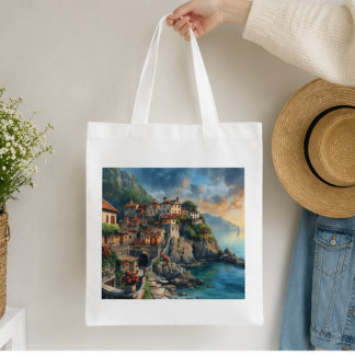 Mediterranean Seaside Village Poster Grocery Bag