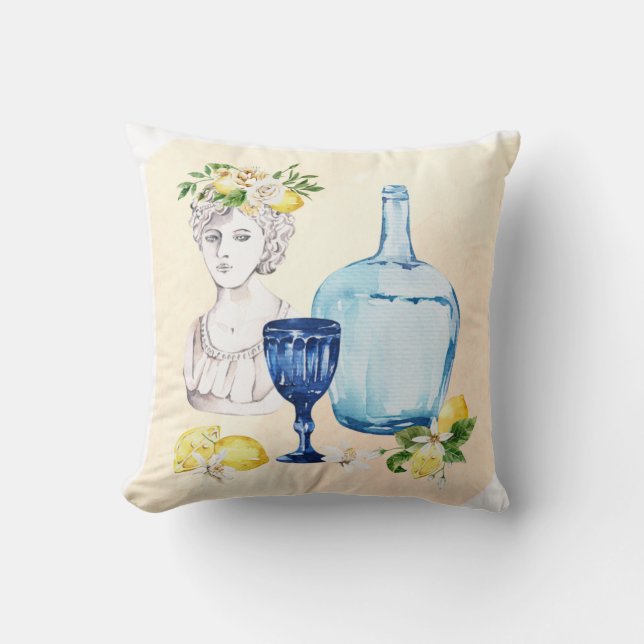Mediterranean set  lemons and blue glass throw pillow (Front)