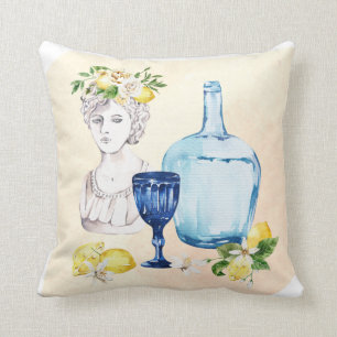 Mediterranean set lemons and blue glass throw pillow