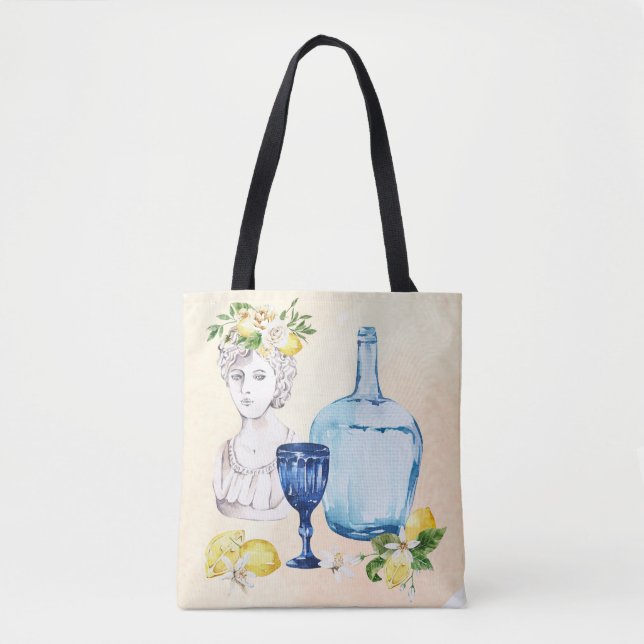 Mediterranean set  lemons and blue glass tote bag (Front)