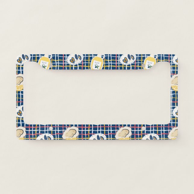 Mediterranean Shellfish and Olive Oil Pattern License Plate Frame (Front)