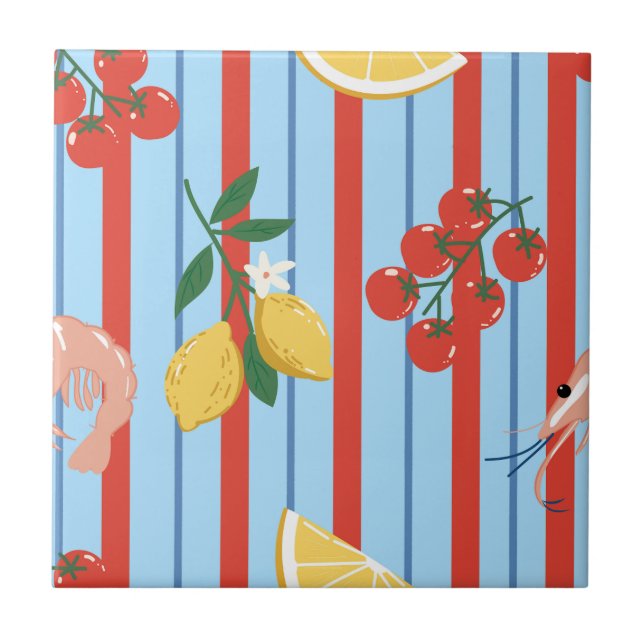 Mediterranean Shrimp and Citrus Pattern Ceramic Tile (Front)