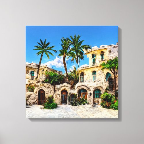 Mediterranean Stone Building Palm Trees  Canvas Print