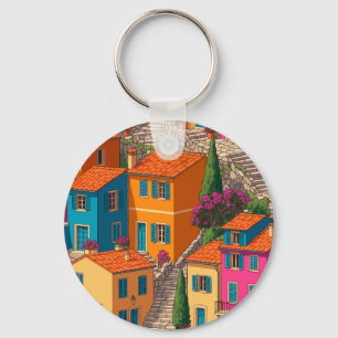 Mediterranean Streets — Colorful Houses Pattern Keychain