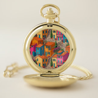 Mediterranean Streets — Colorful Houses Pattern Pocket Watch