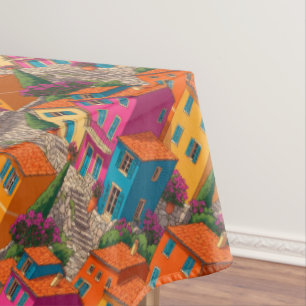 Mediterranean Streets — Colorful Houses Pattern Tablecloth