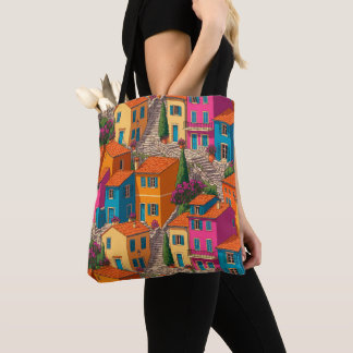 Mediterranean Streets — Colorful Houses Pattern Tote Bag