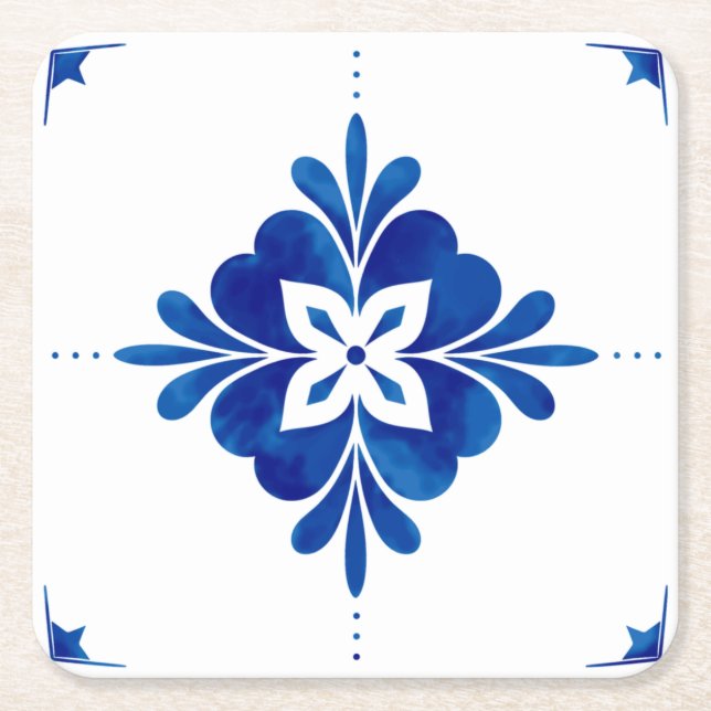 Mediterranean Style Floral Square Paper Coaster (Front)